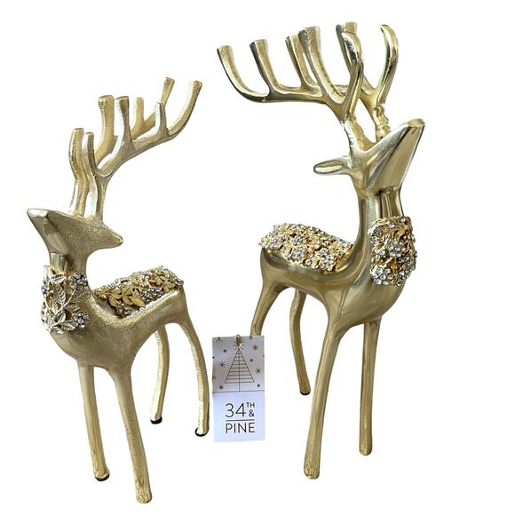 34th & Pine Gold Metal Rhinestone Reindeer Set of 2 Christmas Holiday Decor NEW - Picture 2 of 15